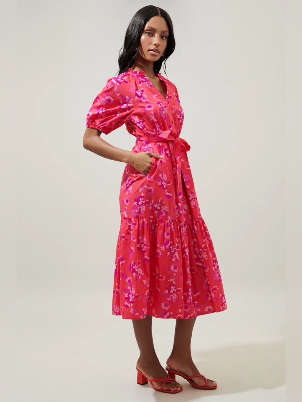 SugarLips Beth Button Down Midi Dress Aria Floral Size Large Pink